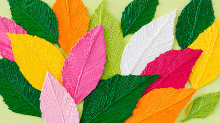 Flat lay of colorful feathers and green leaves on light background