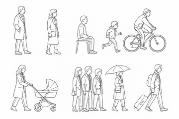 set of people silhouettes, character in elevation view isolated on white background - 2D
