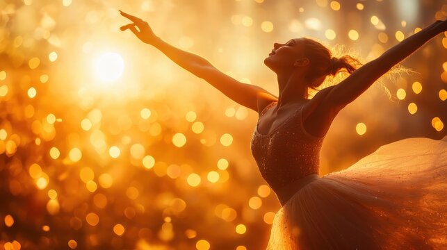 A graceful ballet dancer is captured in silhouette against a glowing sunset, embodying elegance, freedom, and artistic expression in a breathtaking cosmic setting.