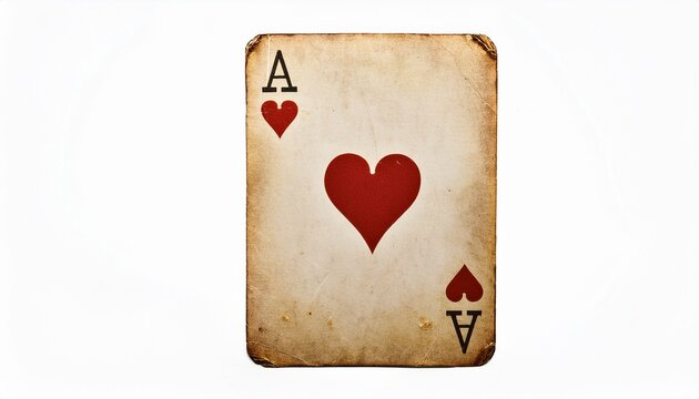 ace of hearts card with vintage appearance and worn edges on a white background
