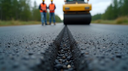Road Construction Site with Asphalt Paver, Workers, and Freshly Laid Asphalt, Engineering Project, Paving Operation, Industrial Infrastructure, Safety Gear