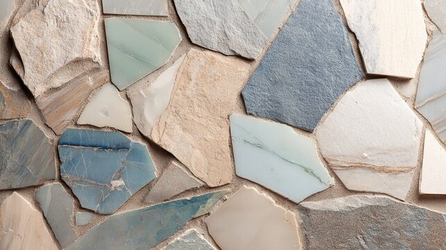 Top view of natural stone floor with varied shapes and textures, creating an elegant atmosphere. Soft lighting accentuates marble details for a luxurious, unique home interior design look.