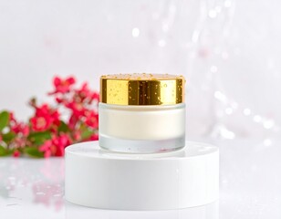 Luxury elegant mockup of cosmetic cream jar with golden lid on white round stand against flowers background. Minimalist skincare display with soft natural sunlight and shadows