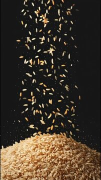 realistic picture of Indian Basmati Rice grains ,Rice grains are falling from the top , realistic colors, sharp realisitic rice grains, black background