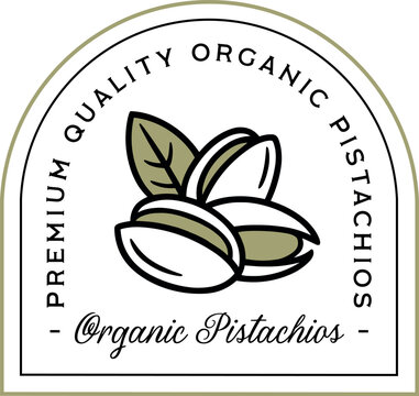 Organic pistachios premium quality aesthetic logo badge label sticker rectangle with semicircle frame. Natural roasted pistachio nut flavor retro minimal fancy boho illustration text design clipart.