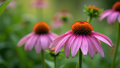 Close-up of Echinacea purpurea coneflower in garden, vibrant petals, detailed natural beauty.