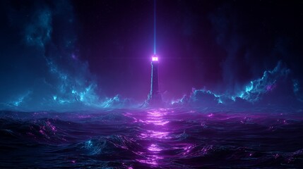Fototapeta premium surreal lighthouse beaming over synthwave crowd like ocean on glowing dance floor