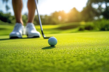 Golfing moment. Close-up of a golfer's feet and golf club poised over a ball on a green