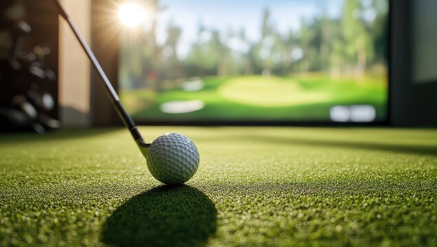 Golf club and ball on a putting green simulator - Powered by Adobe