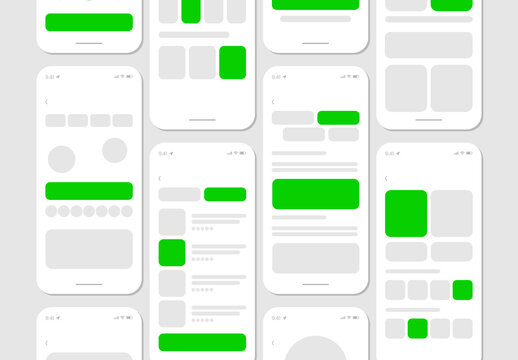 Set of Green Mobile UI UX Wireframes and Design Templates