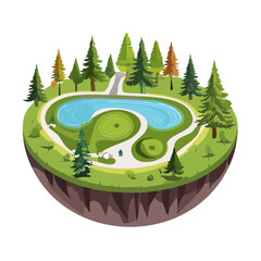 Isometric floating island with lake and forest landscape