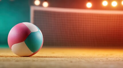 A colorful volleyball resting on a sandy court, poised for action, highlighting the spirit of sports and summer fun in an ambient setting filled with vibrant colors.