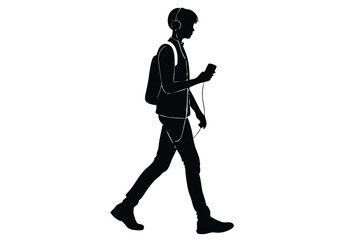Silhouette of young boy listening to music on phone walking with headphones vector flat icon illustration.