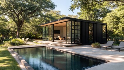 Fototapeta premium Modern black-clad pavilion beside pool. Lush landscaping