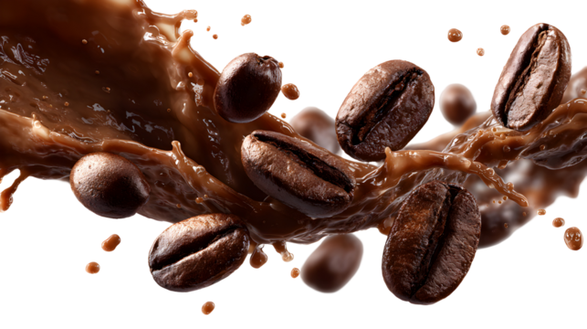 A splash of coffee with coffee beans floating in the air