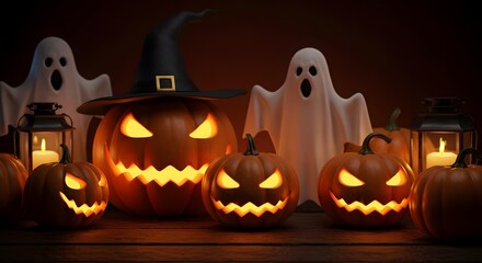 Halloween, Jack-o'-lantern, Pumpkins, Spooky Halloween Jack-o'-lanterns with Ghosts and Lanterns
