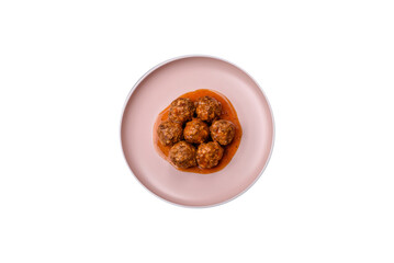 Meat, meatballs in tomato sauce, Italian food, beef or pork with salt . Meatballs with tomatoes