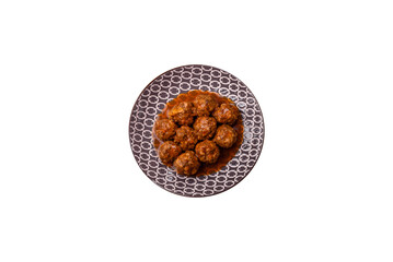 Meat, meatballs in tomato sauce, Italian food, beef or pork with salt . Meatballs with tomatoes