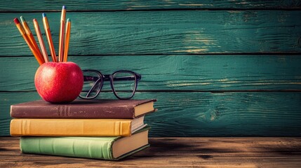 A stack of books with a red apple on top, placed on a wooden table against a green wooden wall.