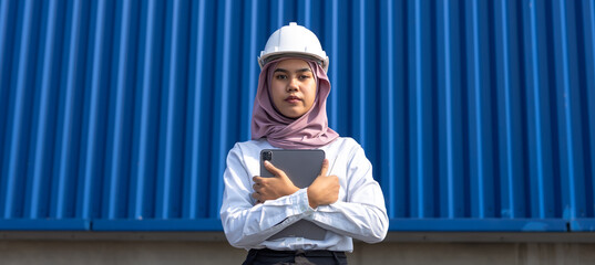 Muslim woman industrial engineer in uniform wearing safety white hard hat holding tablet at containers loading. Area logistics import export and shipping cargo freight ship.