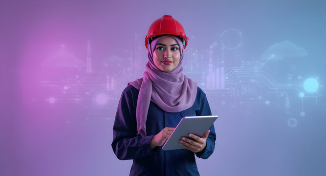 Confident Female Engineer Using Digital Tablet Against Pink and Purple Background