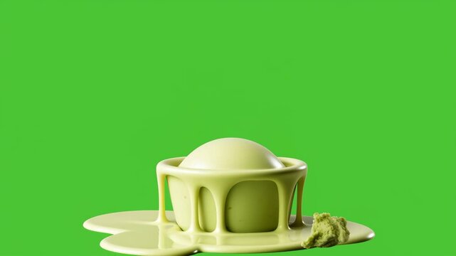 Dripping Matcha Ice Cream Isolated on Green