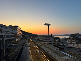 Horgen Oberdorf Bahnhof (Train station) at Sunset, Kanton Zurich, Switzerland