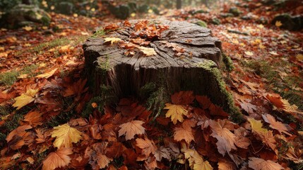 Autumn Scene with Tree Stump Surrounded by Colorful Leaves