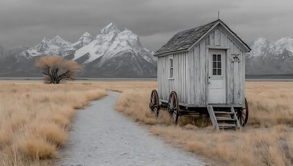 Rustic White Wooden Cabin on Wheels in a Desolate Landscape with Snowcapped Mountains and Dried Grass