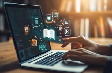 Person interacts with laptop, digital learning interface