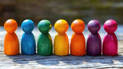 A group of seven wooden figurines of different colors standing in a row on a wooden surface with a blurred background.