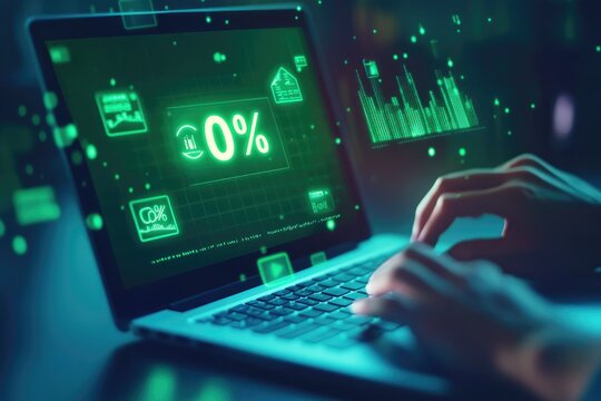 Hands on laptop, 0% displayed, financial data overlay - Powered by Adobe