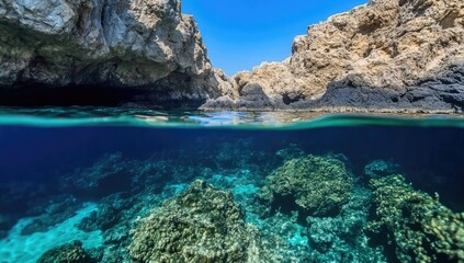 Fototapeta premium Split view of a rocky cove, from above the water's surface to below. Clear, vibrant underwater scene