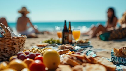 Fototapeta premium Beach picnic, friends enjoying food and drinks by the ocean