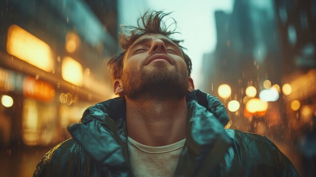 A moody, artistic portrait of a man in an urban setting capturing the essence of freedom and introspection amidst rain, illuminated by the warm glow of city lights around him.
