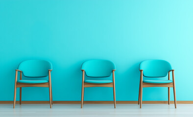 Obraz premium Three modern turquoise chairs aligned against a bright turquoise wall.