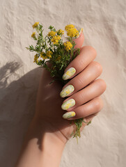 Close-Up of Yellow Floral Nail Art Design – Hand Holding Wildflowers in Sunlight