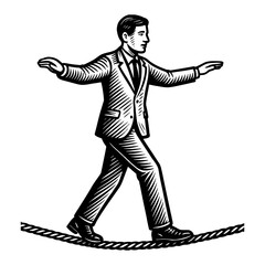 Man in Suit Walking on Rope High Wire Balancing Act Black and White Outline Line Art Drawing