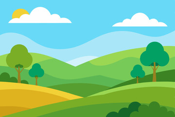 Obraz premium Summer mountain landscape with green hills, trees, and a clear sky with clouds