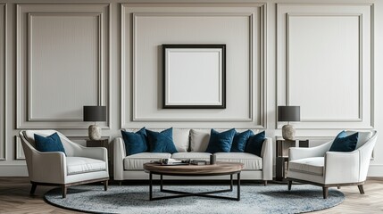 Elegant living room scene with light beige furniture and navy blue accents.