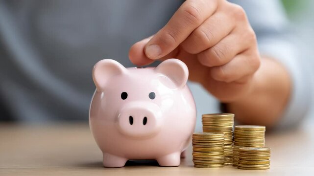 Hand Inserting Coin Into Piggy Bank Surrounded By Stacks Of Coins Symbolizing Savings And Financial Growth