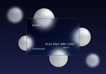 Minimal vector illustration of a transparent credit card in glass morphism style with soft silver spheres on a dark navy gradient background.