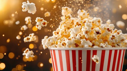 A vibrant and dynamic shot of popcorn bursting out, embodying excitement and fun, perfect for emphasizing the joy of movie nights and snack time.