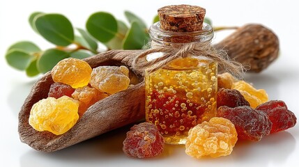 Frankincense Essential Oil Still Life: The amber essential oil in glass bottle with frankincense resin rocks, creating a aromatic and natural beauty.