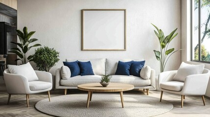 Modern living room with light-colored furniture and plants.