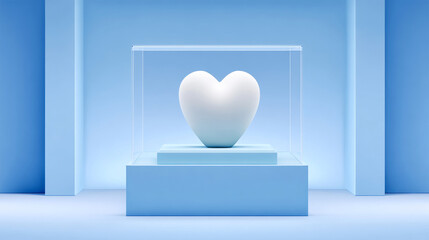 White heart-shaped object placed in a transparent display case