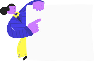 Professional woman directing attention by pointing at an empty presentation board.