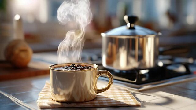 Morning Brew Serenity: A close-up captures a steaming cup of freshly brewed coffee, its aromatic essence and hot vapor dancing invitingly, placed on a checkered cloth, with a cooking pot behind.