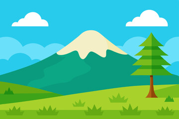 Obraz premium A vector illustration of a winter landscape with trees, mountains, and a clear sky, depicting the serene beauty of nature