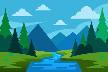 Obraz premium Summer mountain landscape with green trees, a blue sky, and white clouds